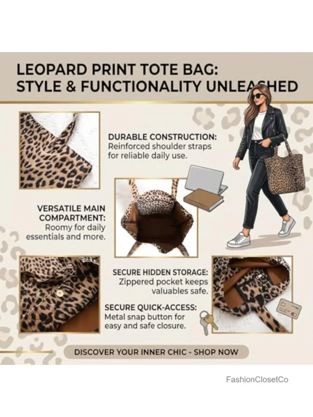 Women's Leopard Print Canvas Hobo Bag Lightweight Shoulder Tote for Work School